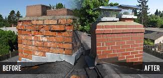 Chimney masonry repair in Minnesota — professional brick and mortar restoration on a deteriorated residential chimney