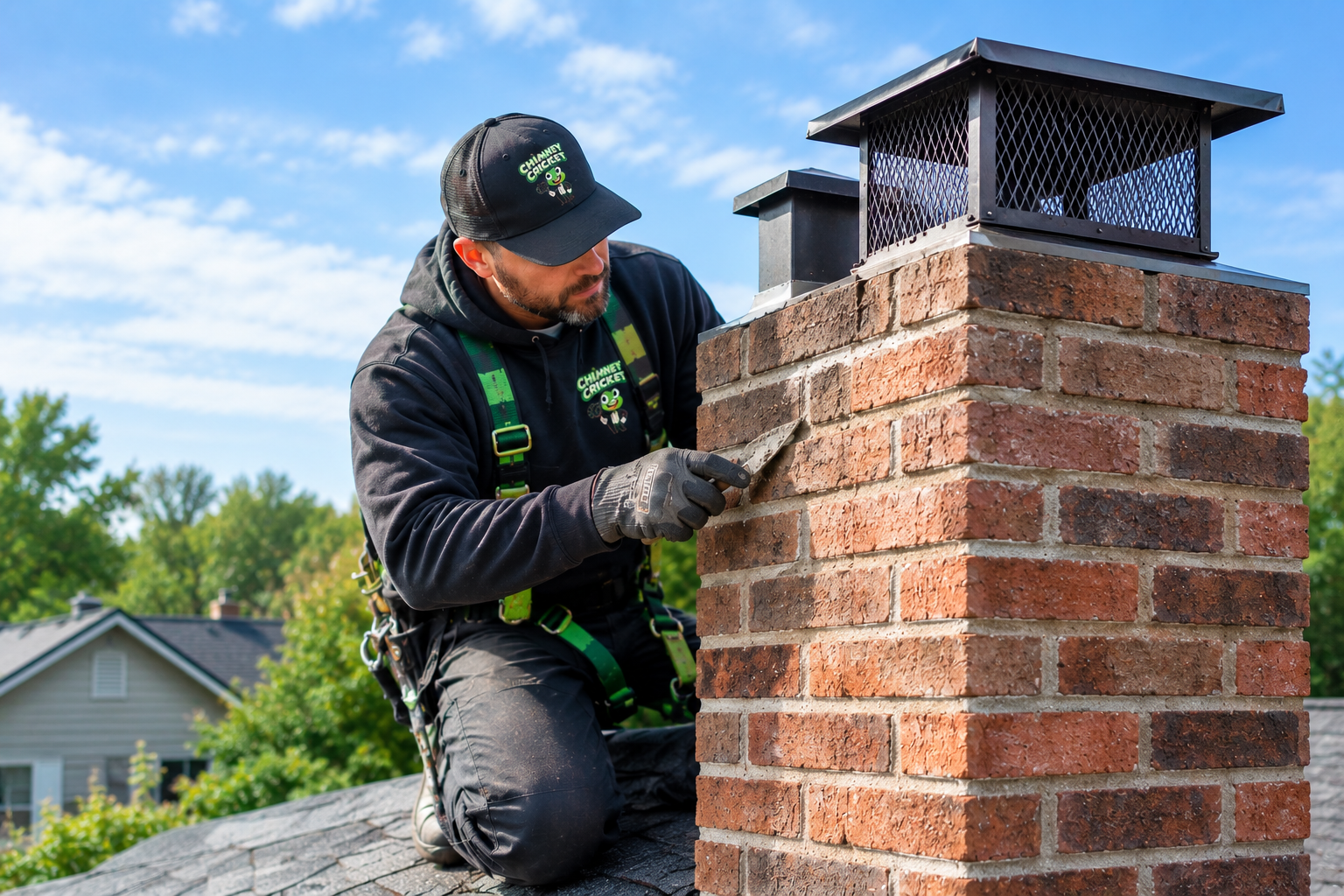 Chimney stack repair in Minnesota — professional masonry evaluation and brick restoration above the roofline